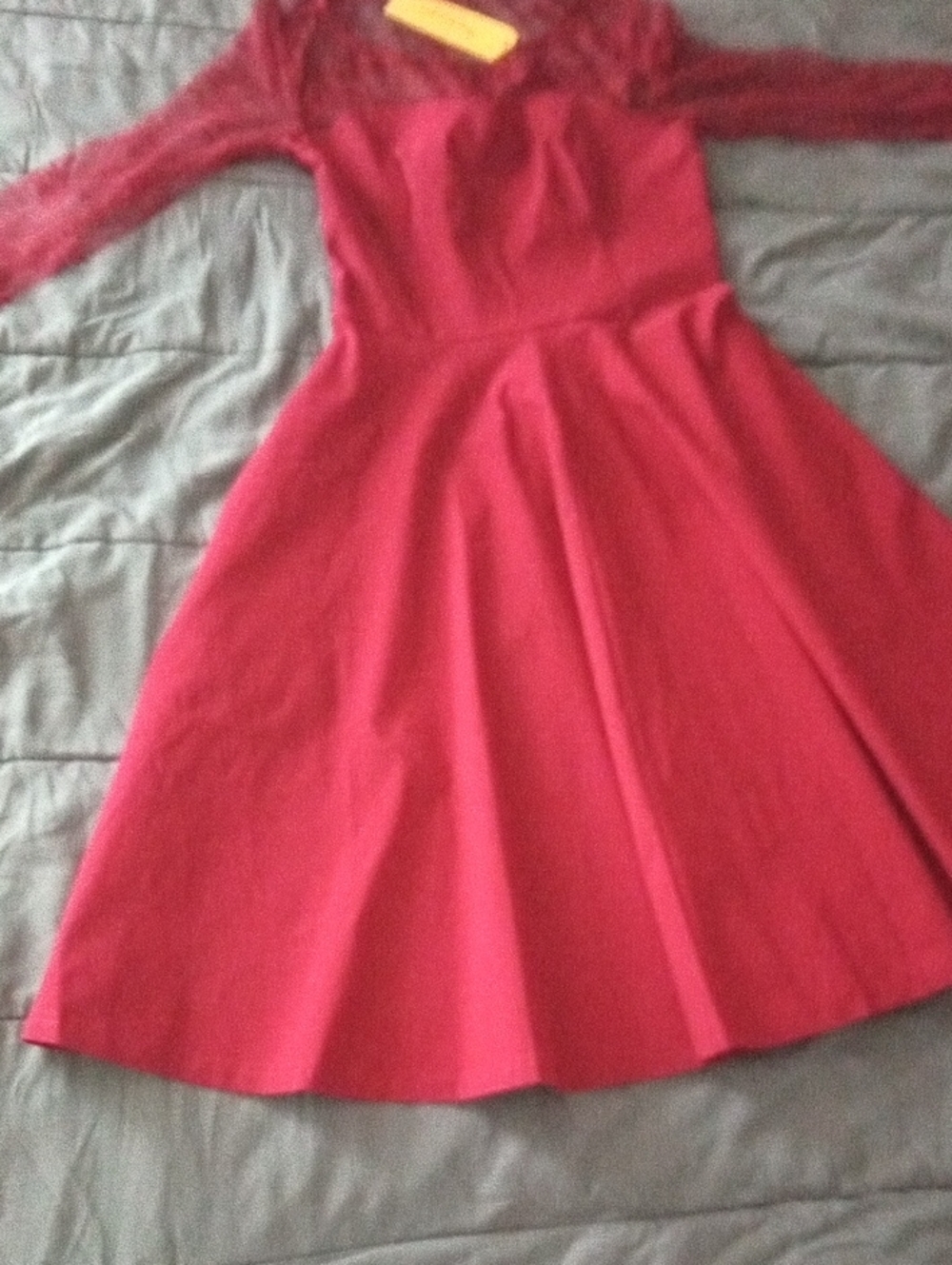 Women's Burgundy Midi Fit-and-Flare Dress with Lace Sleeves